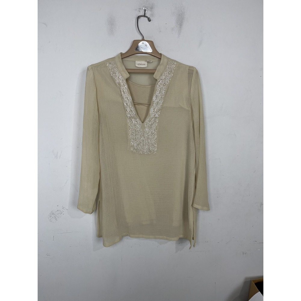 Chico's Women's Size 1 (M) Beige Ecru Embroidered V-Neck Long Sleeve Blouse Tuni